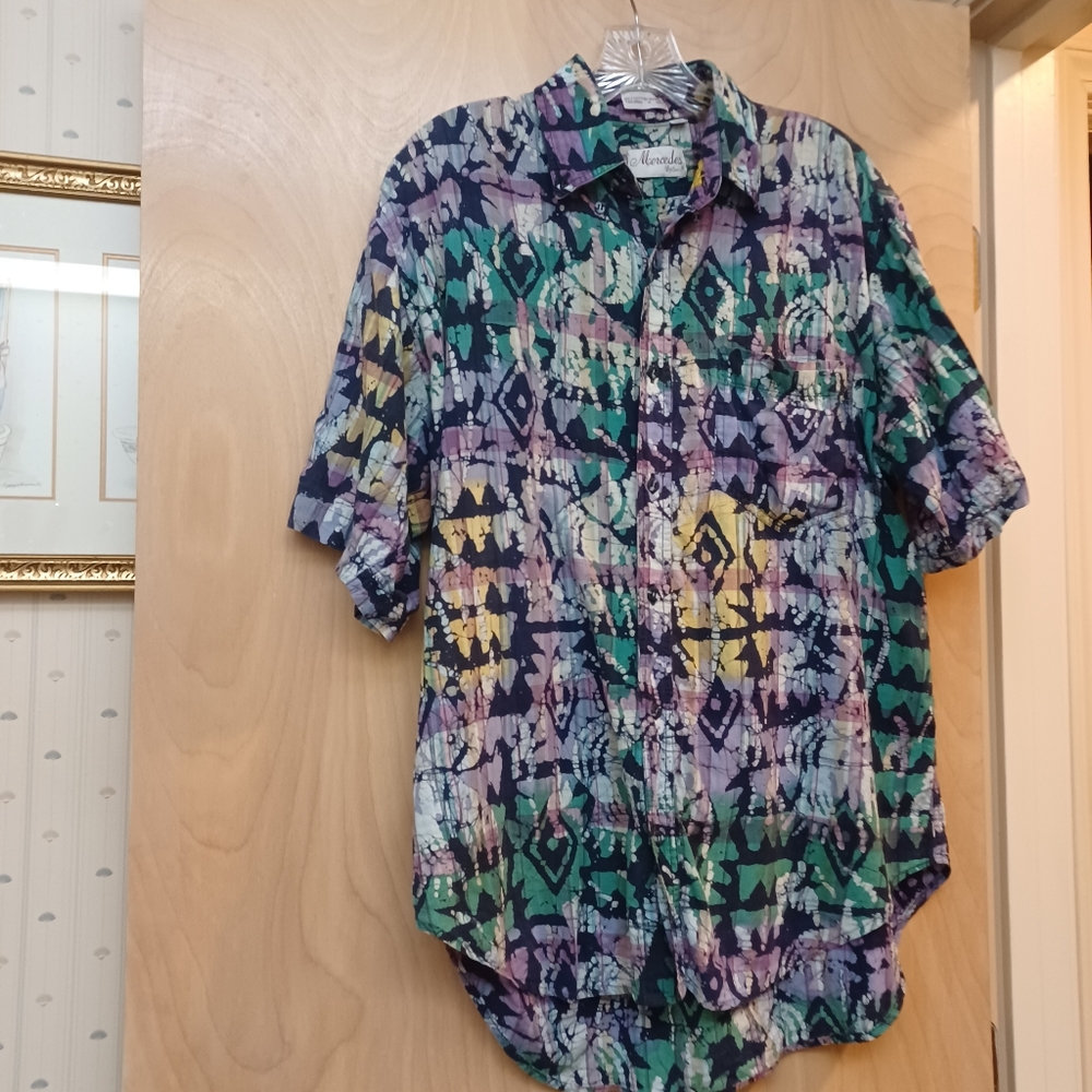 Vintage Multicolor Tie Dye Button Down Rayon India Top Tee Moercedes Enro